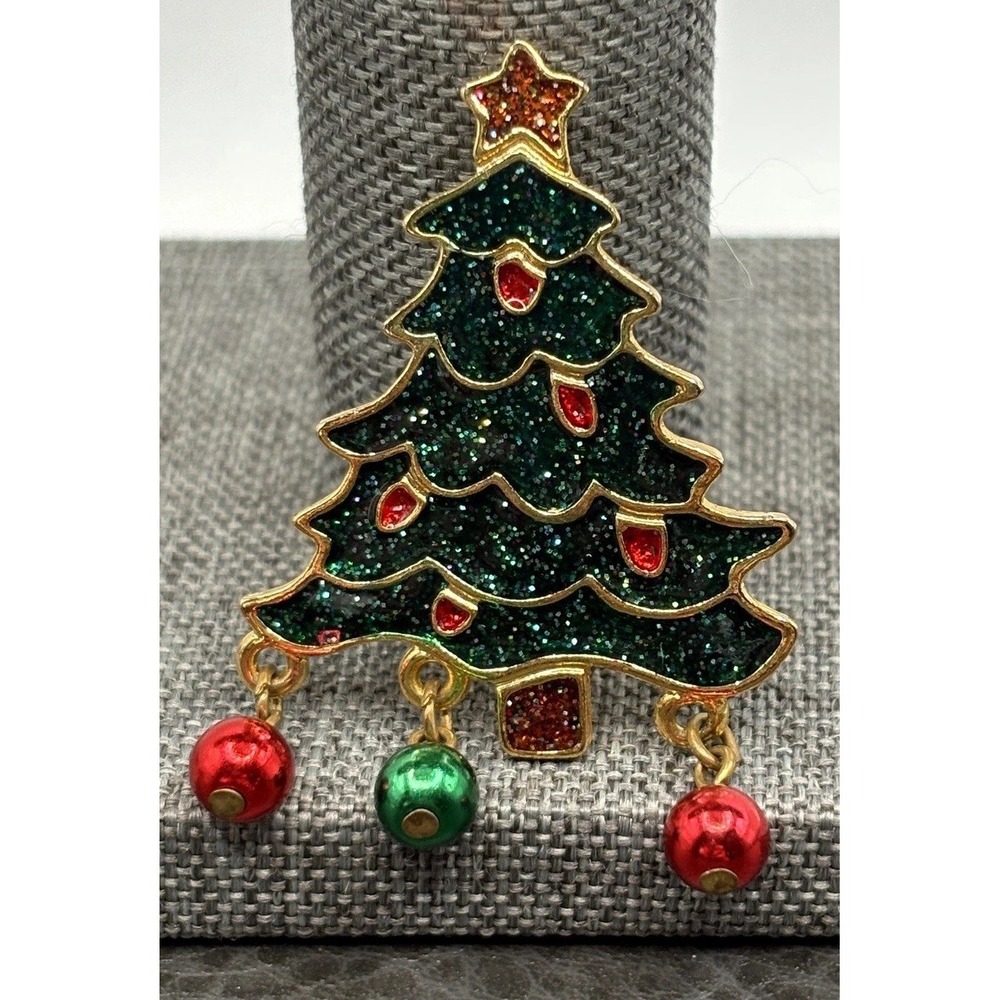VTG Newpro Christmas Tree Brooch Pin Green Glitter Enamel Dangle Beads Gold Tone